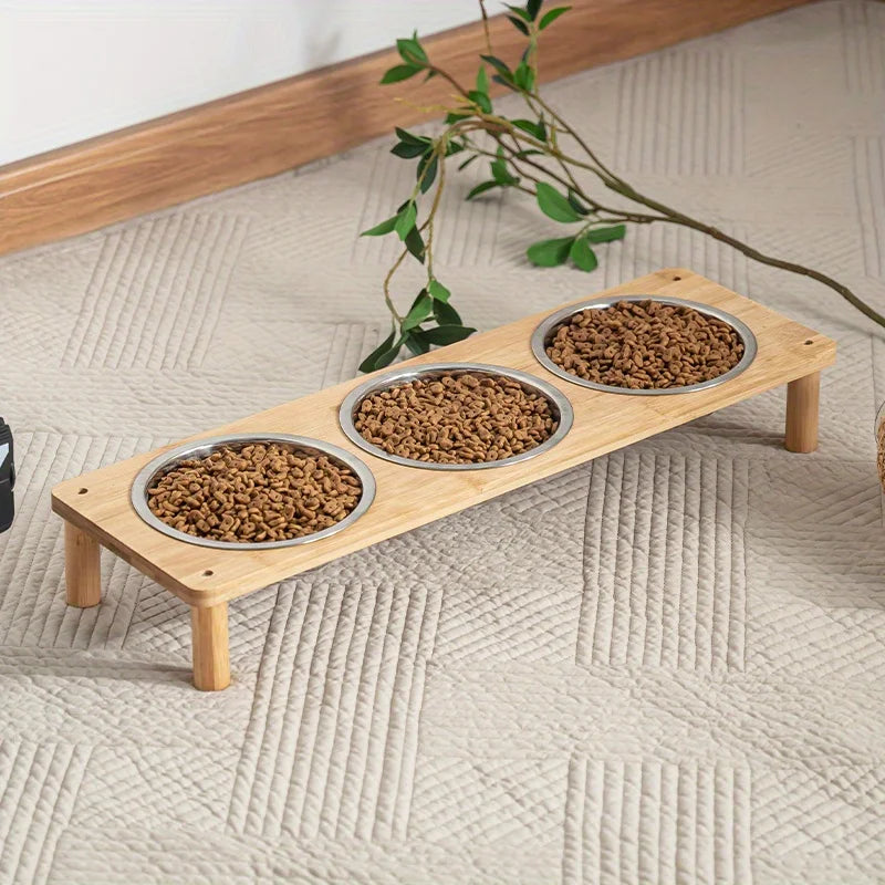 3 Bowls Natural Bamboo Elevated Cat Feeder Set with 3 Stainless Steel Bowls Anti-Vomiting Design for Indoor Pet Feeder