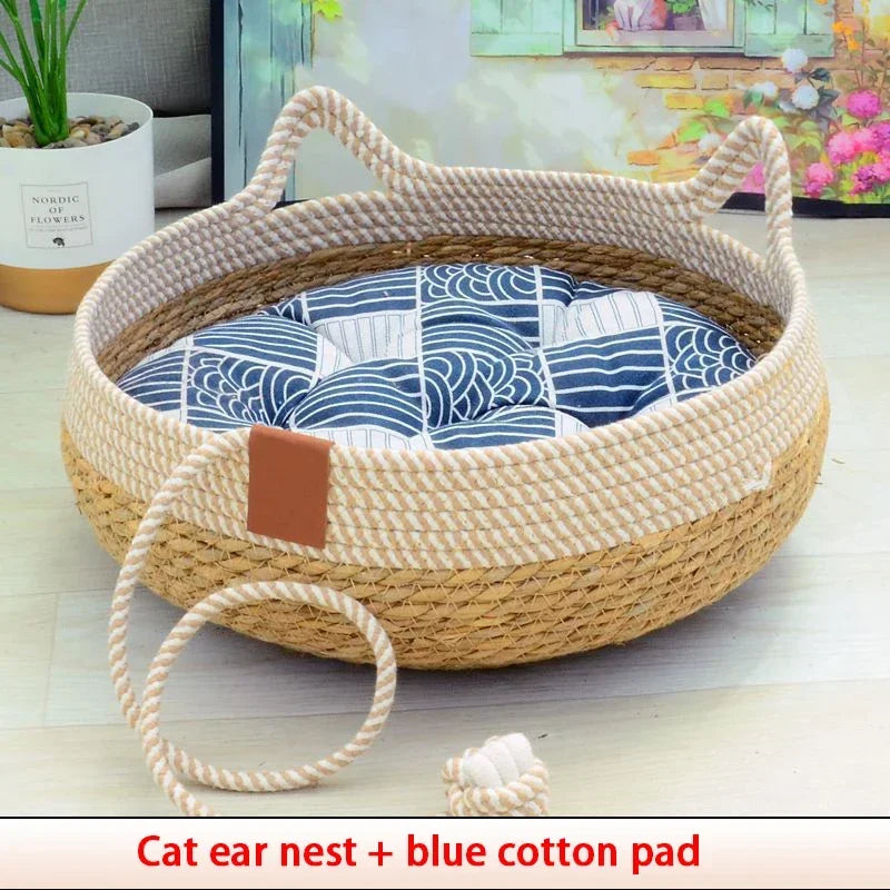 Removable Woven Cat Bed Upholstery Sleeping House Cat Scratch Floor Rattan Wear-resistant Washable Cat Cave Pet Supplies