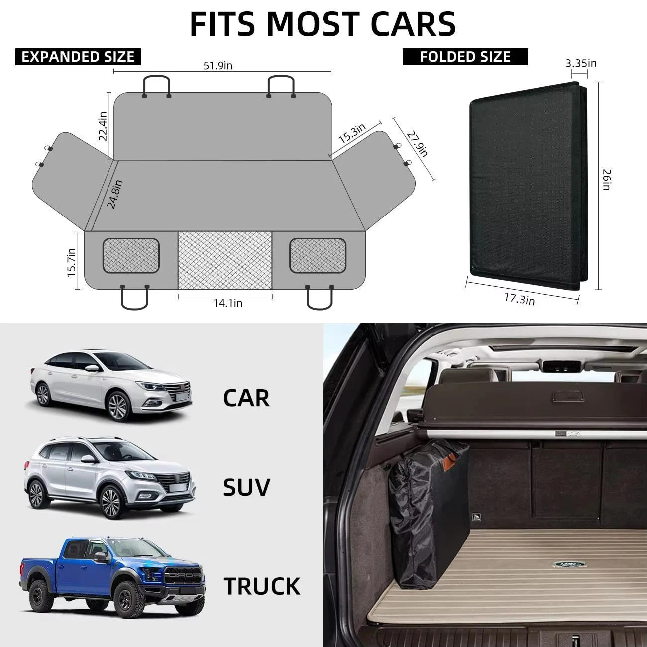 Extended Dog Car Seat Cover for Back Seat Extra Larger Hard Bottom Car Back Seat Extender Dogs Fit for All Cars with Safety Belt