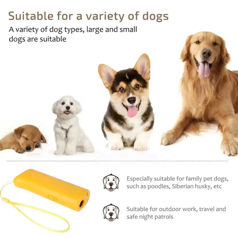 Ultrasonic Dog Repeller and Trainer Device with LED Light 3 in 1 Anti Barking Stop Bark Handheld Dog Training Device No Battery