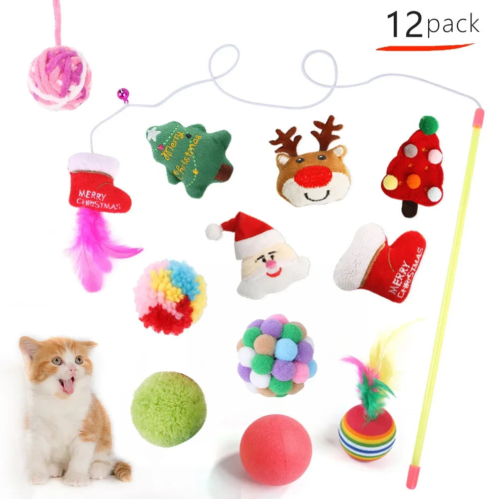 Merry Christmas Santa Claus Teaser Stick Ball Feather Plush Toy Set Wholesale Cat and Dog Products Christmas Gift for Pets