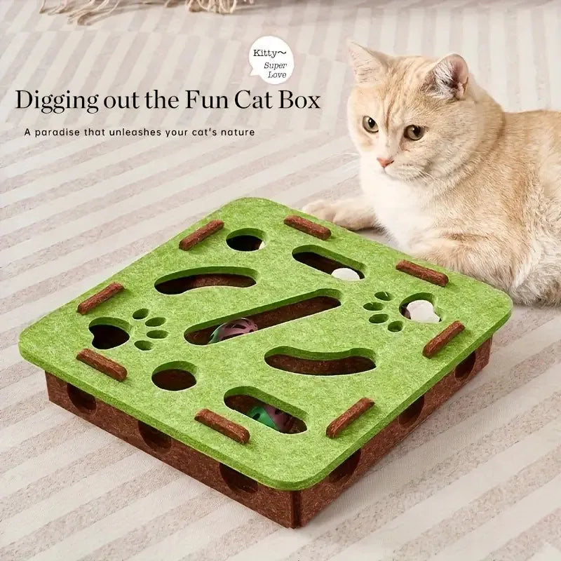 Interactive Construction Site Cat Fun Box Durable Felt Puzzle Game with Paw Prints Simple Style for Indoor Cats