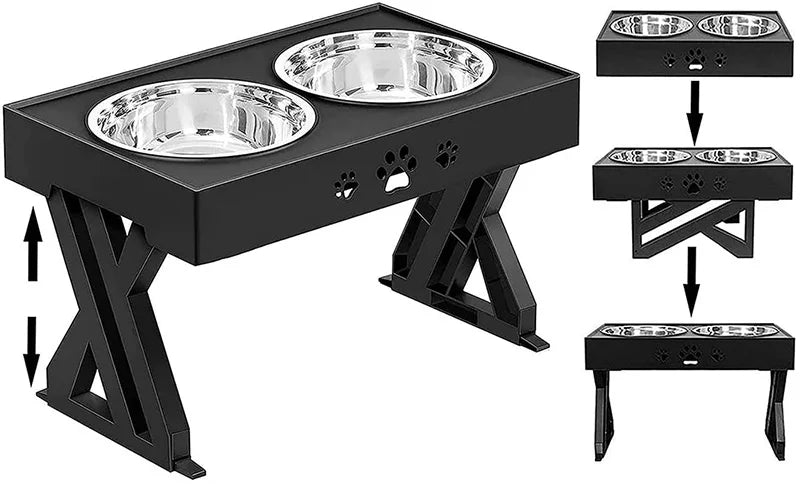 Raised Pet Bowl Stainless Steel Double Bowls Stand Non-Slip No Spill Dog Smart Height Adjusts Cervical Protectionto Large Dogs