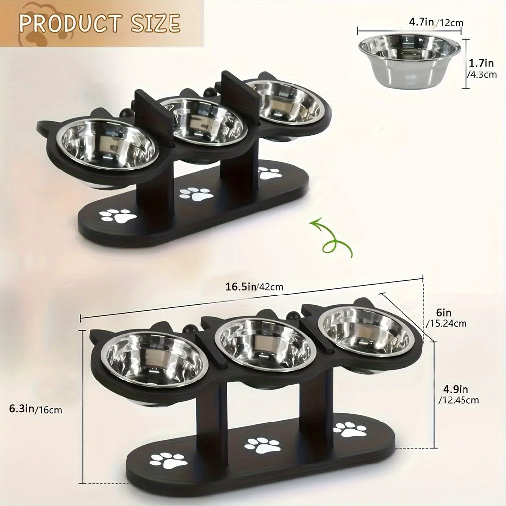 3 Bowls Wooden Elevated Cat Feeder Stand with 15 Angle Adjustable Stainless Steel Food & Water Bowls Pet Feeding