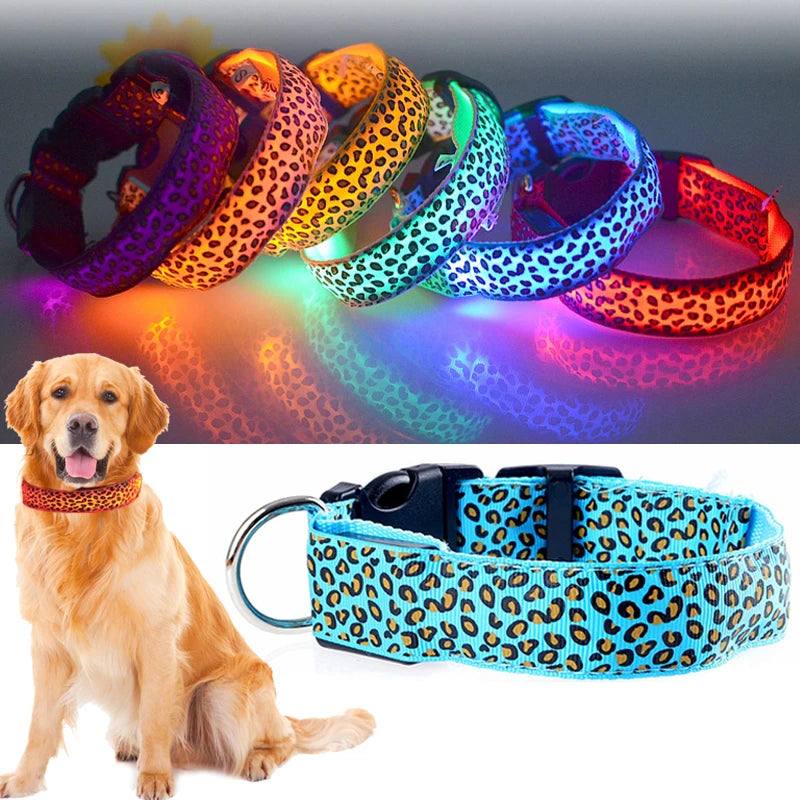 Adjustable Nylon LED Dog Collar Luminous Leopard Print Glowing Lights Electronic Pet Collars Night Safety Flashlight LED Collars