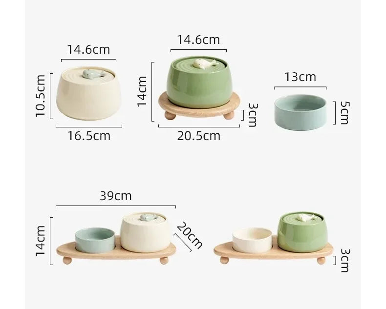 1300ml Ceramic Cat Water Fountain USB Charging Pet Drinker with Filter Automatic Cat Dog Water Dispenser with Wooden Stand Bowls
