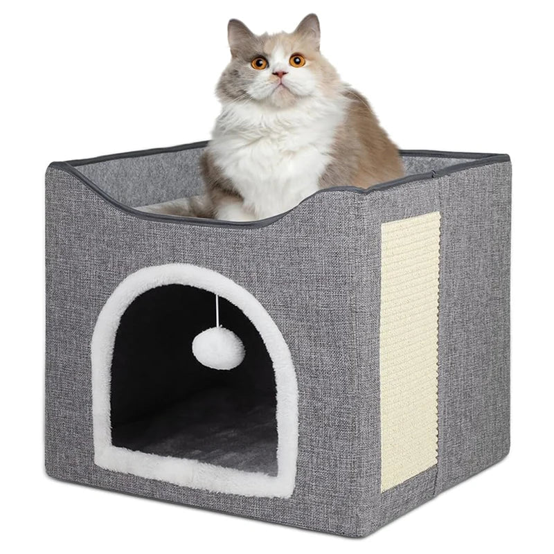 Foldable Cat House Indoor Large Cat Cave with Scratching Board & Fluffy Ball Pet Houses & Furniture Pet Bed Cat Products