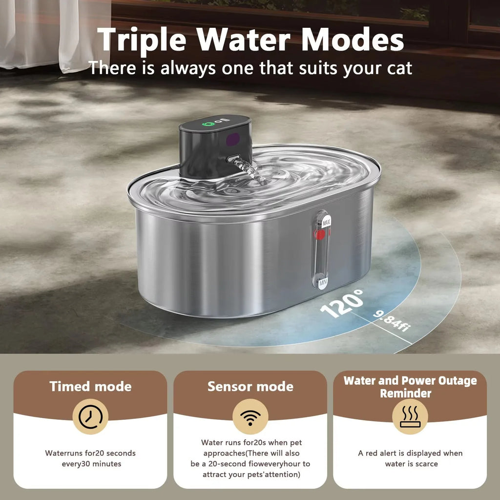 2025 New 3.5L Stainless Steel Cat Water Fountain 5000mah Battery Pet Water Dispenser Sensor Solid Pattern Charge for Cats Dogs
