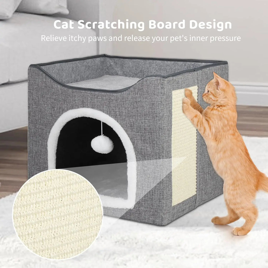 Foldable Cat House Indoor Large Cat Cave with Scratching Board & Fluffy Ball Pet Houses & Furniture Pet Bed Cat Products