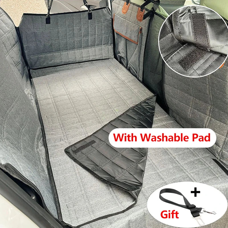 Custom Durable Fabric Dog Car Seat Cover with Extended Support Board Quilted Gray Design Straps & Metal Rings for Secure