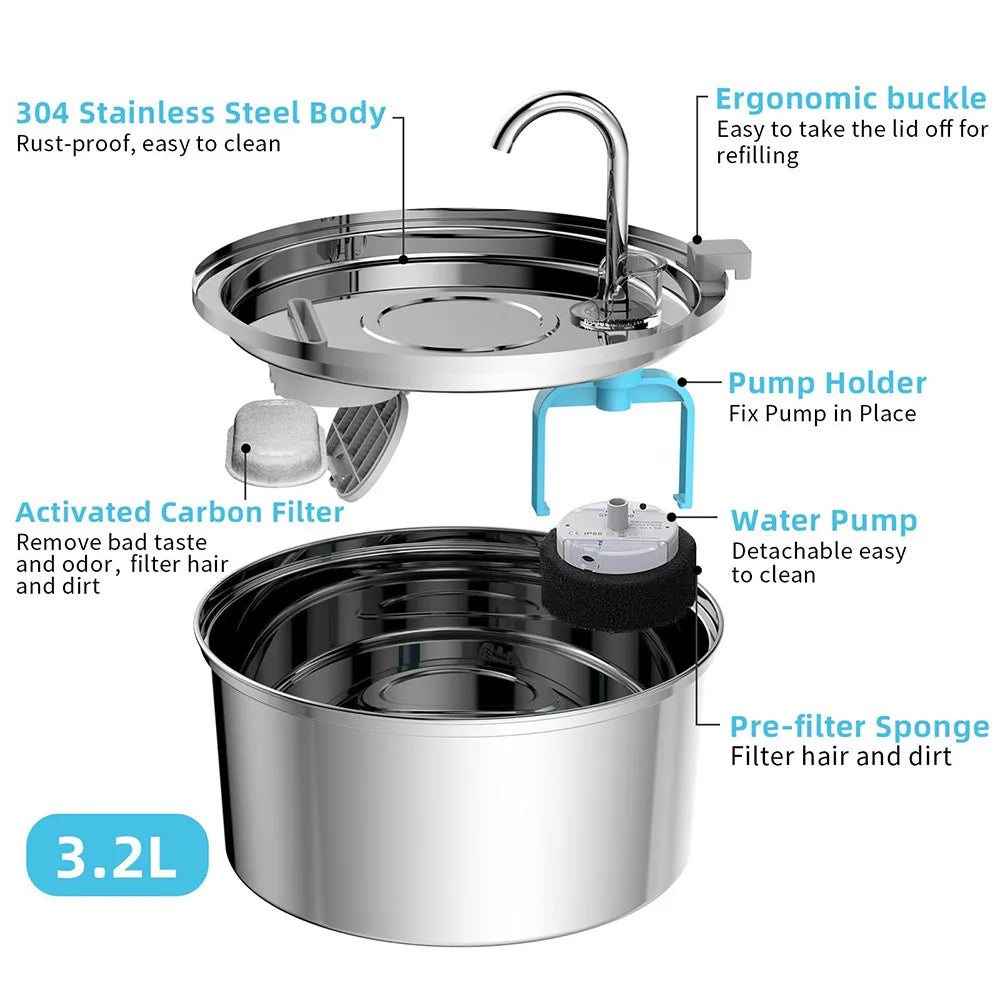 Best Seller OEM 3.2L Stainless Steel Cat Water Fountain Automatic Pet Water Dispenser with Charging Power Source