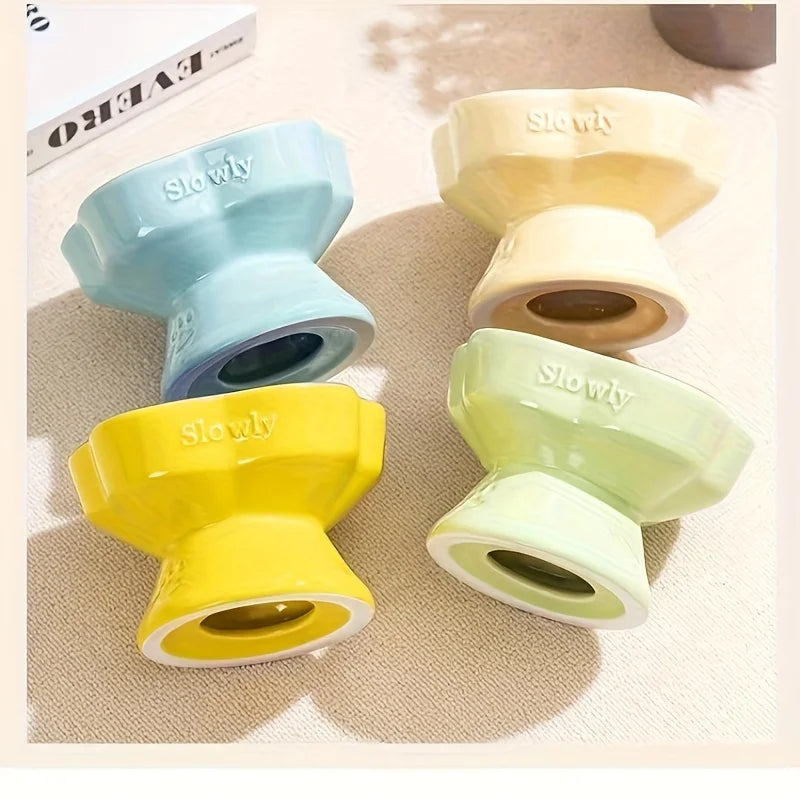 Colorful High-Footed Slow Feeder Ceramic Cat Bowls Anti-Spill Neck Protecting Pet Bowl for Small Dogs and Cats
