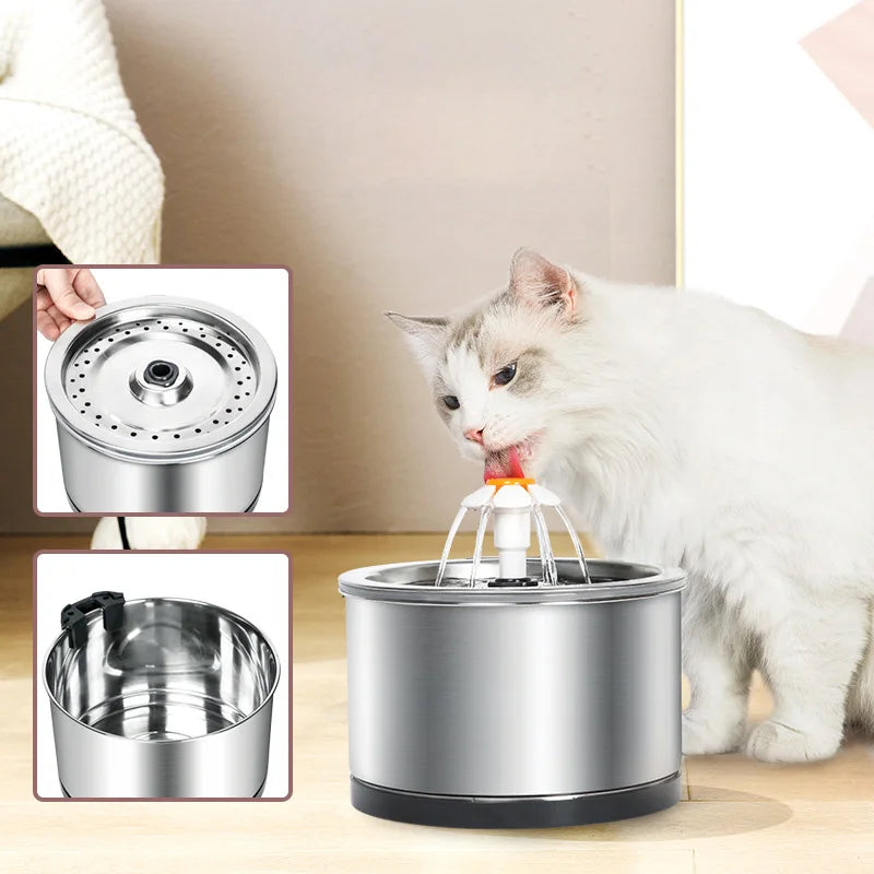 Ultra Quiet 2.5L Stainless Steel Pet Cat Water Fountain LED Light Eco-friendly Automatic Recirculation Filtration System Stylish