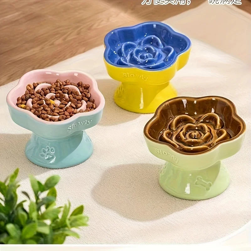 Colorful High-Footed Slow Feeder Ceramic Cat Bowls Anti-Spill Neck Protecting Pet Bowl for Small Dogs and Cats