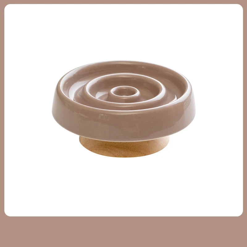 Ceramic Cat Bowl Slow Feeder Bowl for Pets Anti-Chok Cat Food and Water Dish with Neck Protection Wood Stand-for Dogs