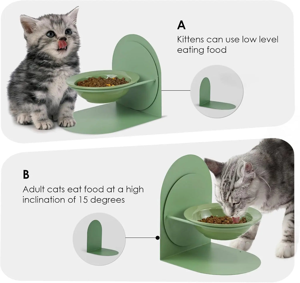 Elevated Tilted Cat Bowl for Indoor Cats Raised Ceramic Cat Food Bowl with Metal Stand Non-Slip Pet Food Bowl