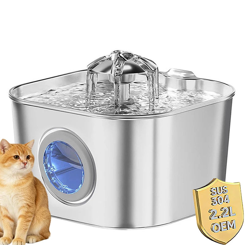 OEM 2.2L/74OZ Charge Durable Automatic Cat Fountain Stainless Steel Water Dispenser Silent Water Pump Circulation Filtering