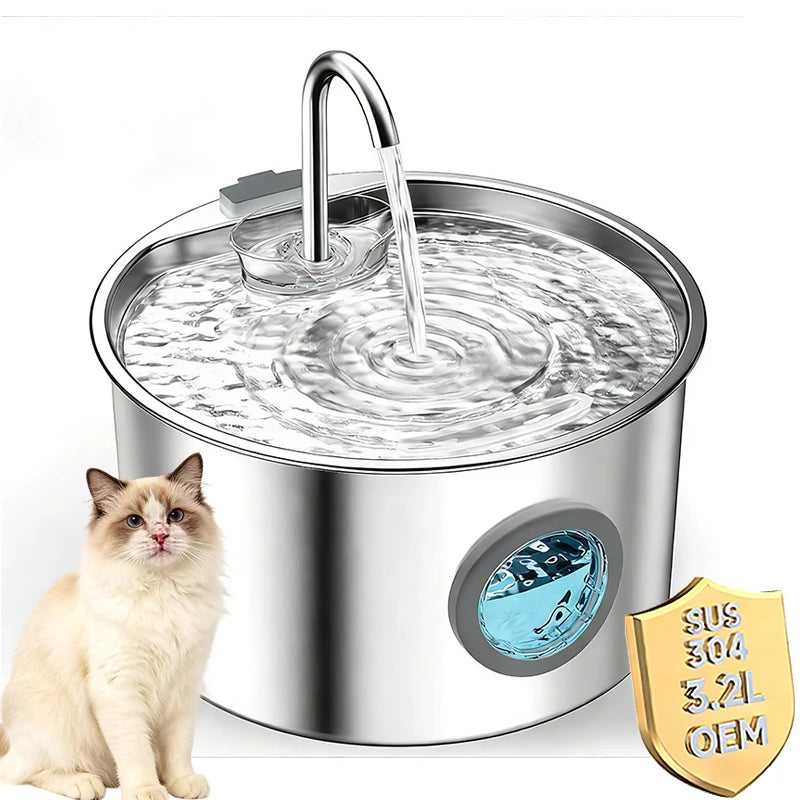 Cat Water Fountain Stainless Steel 108oz/3.2L Automatic Pet Water Fountain for Cats/Dogs Indoor Metal Cat Fountains for Drinking