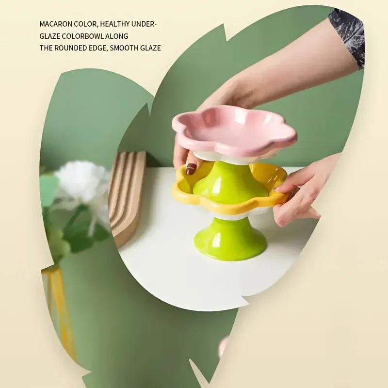 Ceramic Cat Bowl Flower Design Cat Food Bowl High Foot Water Plate Snack Dish with Stand for Neck Protection Drinking Water