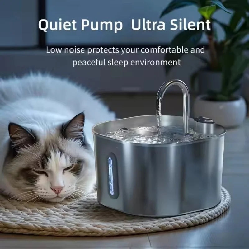 OEM 2.2L Stainless Steel Cat Water Fountain for Cats Quiet Auto-Circulating Pet Water Dispenser with Water Level