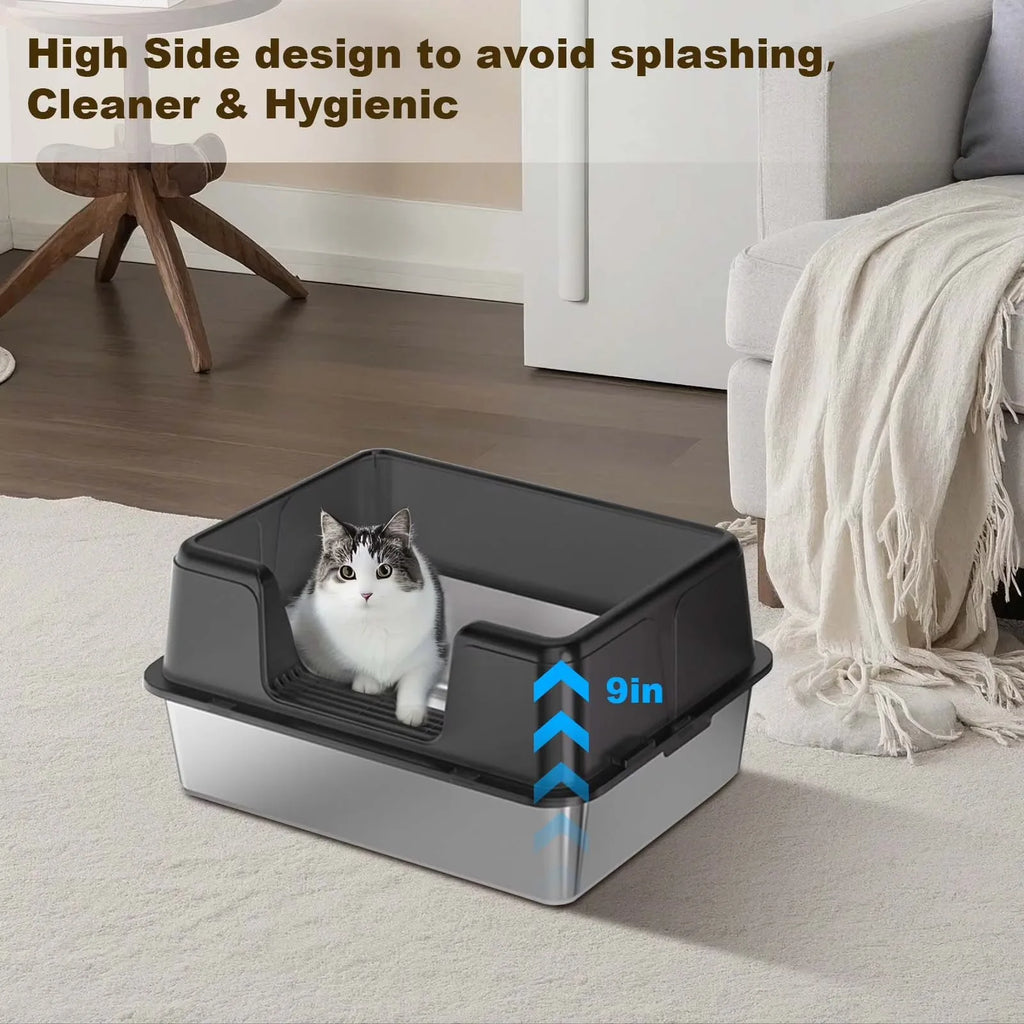 Custom Semi-Enclosed Stainless Steel Cat Litter Box Large Cat Toilet for Large Cats Easy Clean Metal Litter Pan Anti-Leakage