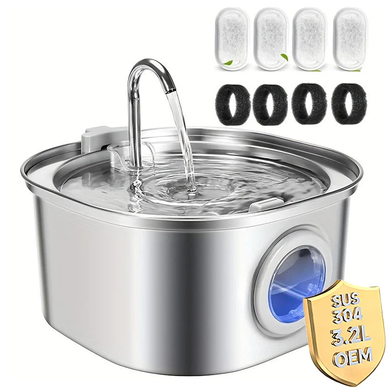 4pcs Filter Cat Water Fountain 3.2L/108oz Stainless Steel Automatic Visual Window Water Dispenser Dog Water Fountain with Filter