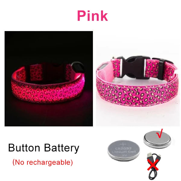 Adjustable Nylon LED Dog Collar Luminous Leopard Print Glowing Lights Electronic Pet Collars Night Safety Flashlight LED Collars