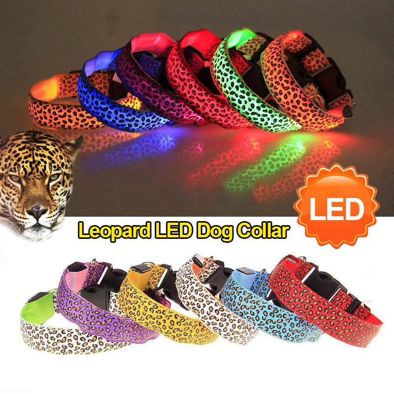 Adjustable Nylon LED Dog Collar Luminous Leopard Print Glowing Lights Electronic Pet Collars Night Safety Flashlight LED Collars