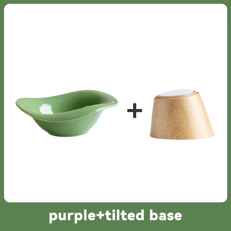 Raised Tilted Cat Food Water Bowl Pet Dog Elevated Drinking Eating Bowls with Wooden Stand Puppy Kitten Feeding Ceramic Cat Bowl