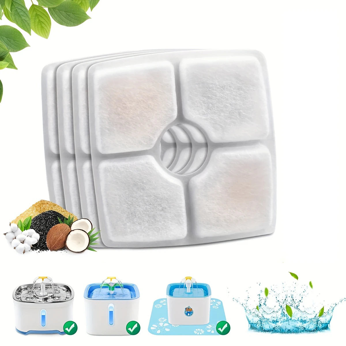 4pcs/Pack Triple Filtration System Automatic Cat Water Fountain Filters Replacement for Square 80oz/2.5L Cat Fountain