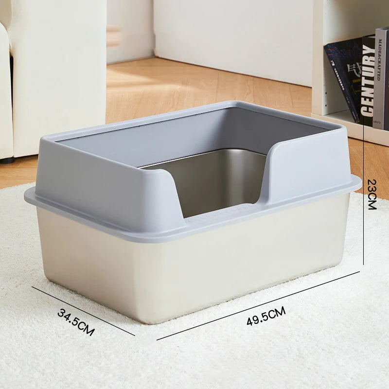 Semi-Enclosed Stainless Steel Cat Litter Box with Handle Large Litter Box for Cats Metal Litter Pan Tray Toilet Cat Box