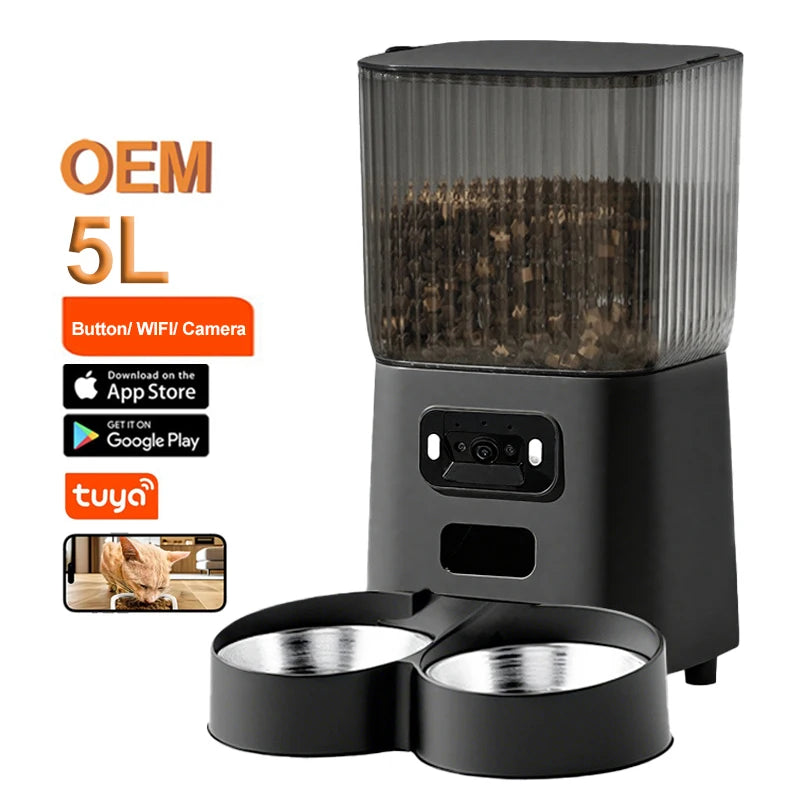 OEM 5L Smart Cat Feeder With Camera 5G Tuya APP Control Automatic Dog Feeding Machine Automatic Pet Feeder