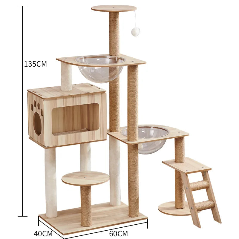 Eco-Friendly Cat Scratcher Tower with Sisal Posts and Wood Frame Cat Toys Tree Hammock Climbing Frame Carton Packed