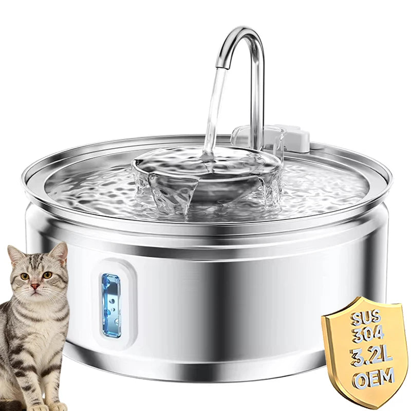 Cat Water Fountain 3.2L/108oz Upgraded Stainless Steel Pet Water Fountain for Cats Drinking Automatic Cat Water Dispenser Bowl