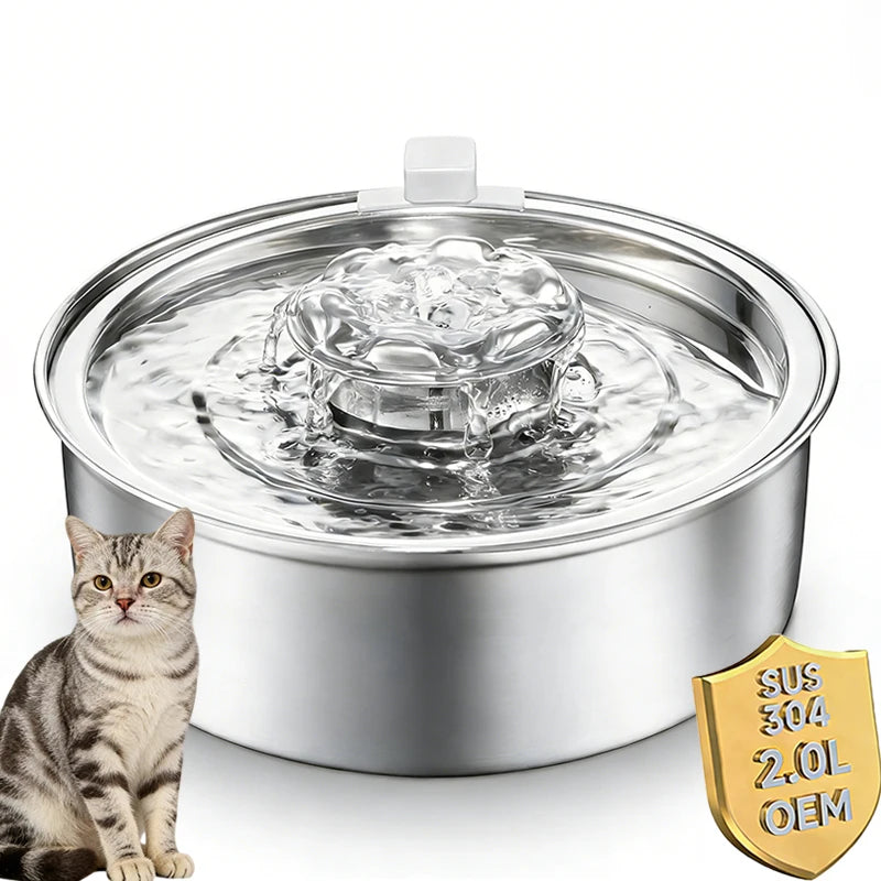 304 Stainless Steel Stylish Luxurious Ultra-Quiet 2.0L Automatic Cat Water Fountain Auto Pet Water Dispenser for Dogs & Cats