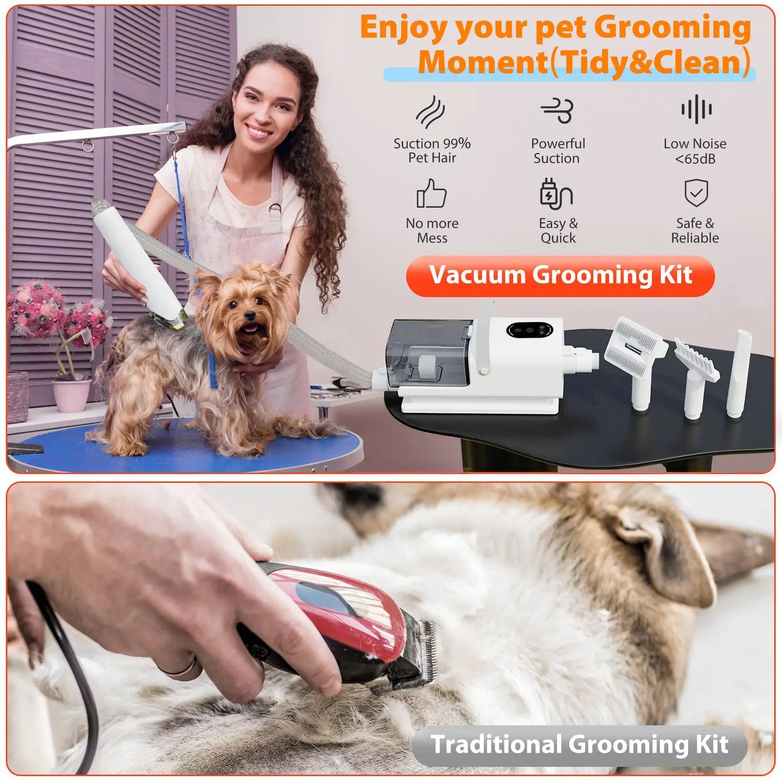 8-in-1 Professional Dog Grooming Vacuum Kit Portable Easy Use Strong Pet Hair Removal 6 Guide Combs Plastic Pet Grooming Tools