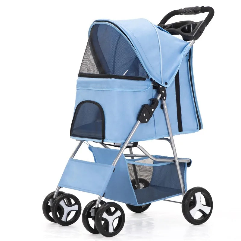 4 Wheels Pet Travel Trolley Cat Dog Jogger Stroller with Cup Holder and Storage Basket Pet Pushchair for Small Medium Cats Dogs