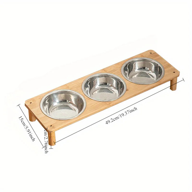 3 Bowls Natural Bamboo Elevated Cat Feeder Set with 3 Stainless Steel Bowls Anti-Vomiting Design for Indoor Pet Feeder