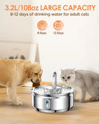 Cat Water Fountain 3.2L/108oz Upgraded Stainless Steel Pet Water Fountain for Cats Drinking Automatic Cat Water Dispenser Bowl