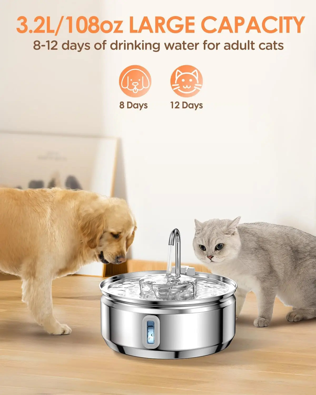 Cat Water Fountain 3.2L/108oz Upgraded Stainless Steel Pet Water Fountain for Cats Drinking Automatic Cat Water Dispenser Bowl