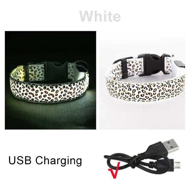 Adjustable Nylon LED Dog Collar Luminous Leopard Print Glowing Lights Electronic Pet Collars Night Safety Flashlight LED Collars