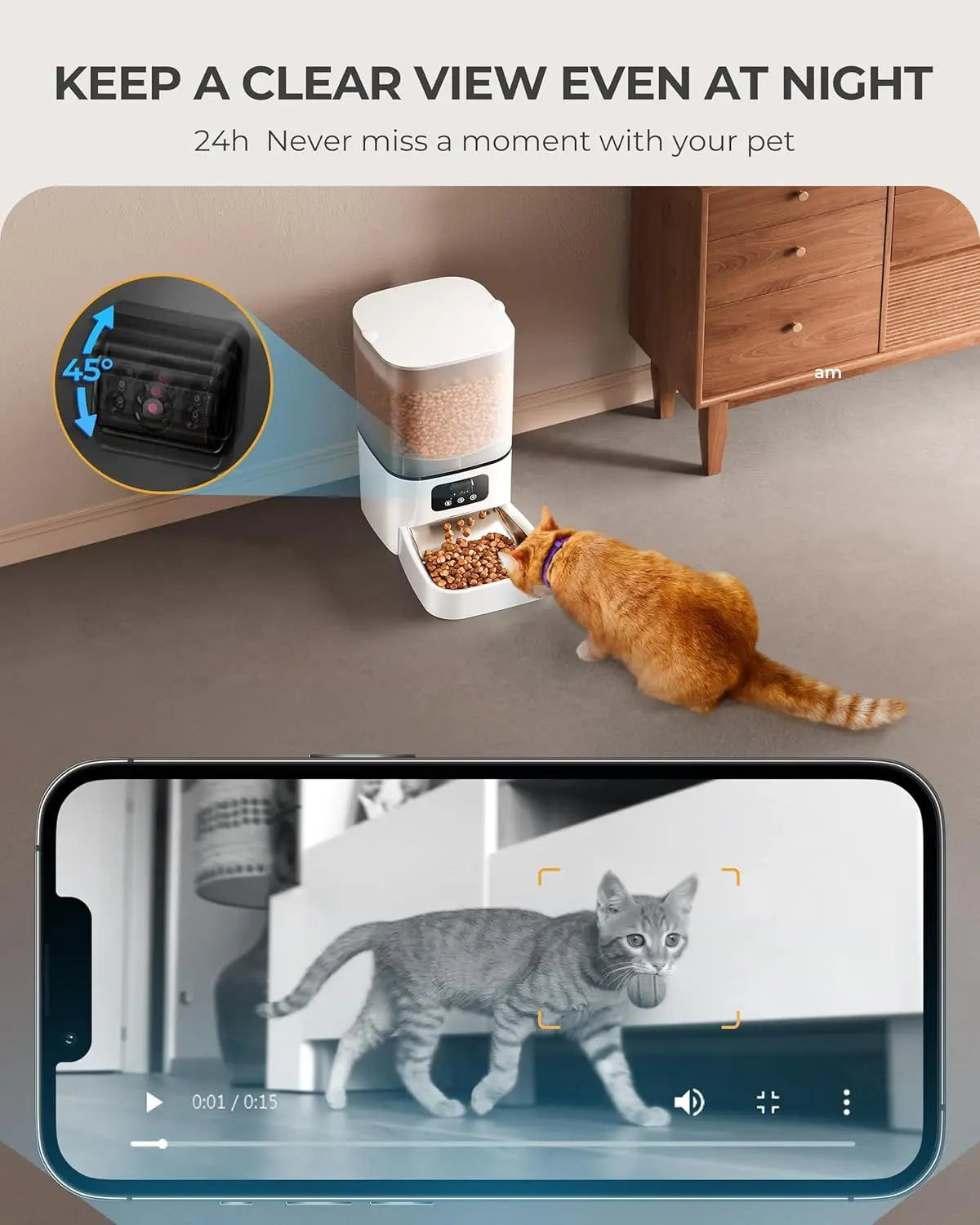 Automatic Cat Feeder with Camera Adjustable Camera 5G/2.4G WiFi Timed Cat Feed Smart Pet Feeder with HD Night Vision