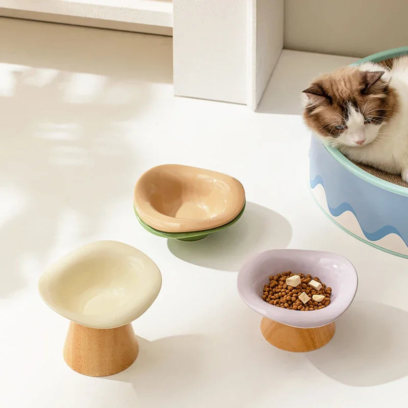 Raised Tilted Cat Food Water Bowl Pet Dog Elevated Drinking Eating Bowls with Wooden Stand Puppy Kitten Feeding Ceramic Cat Bowl