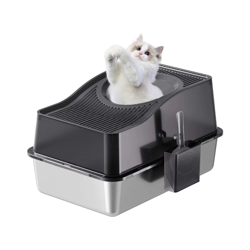 Custom Semi-Enclosed Stainless Steel Cat Litter Box With Ventilated Lid High Walls Anti Splash Top Entry Cat Toilet with Handle