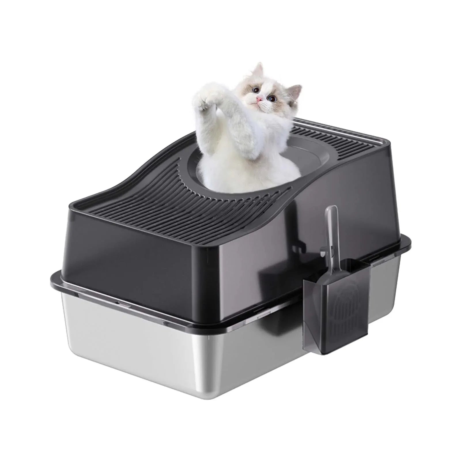 Custom Semi-Enclosed Stainless Steel Cat Litter Box With Ventilated Lid High Walls Anti Splash Top Entry Cat Toilet with Handle