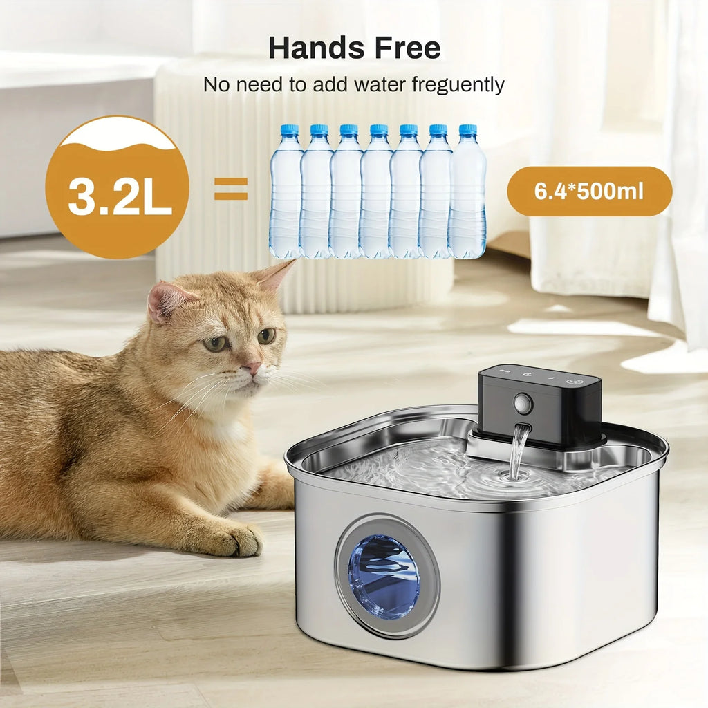 OEM ODM 3.2L Stainless Steel Wireless Automatic Cat Water Fountain Cordless 4000mah Battery Power Portable Motion Sensor Indoor