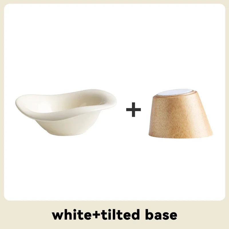 Raised Tilted Cat Food Water Bowl Pet Dog Elevated Drinking Eating Bowls with Wooden Stand Puppy Kitten Feeding Ceramic Cat Bowl