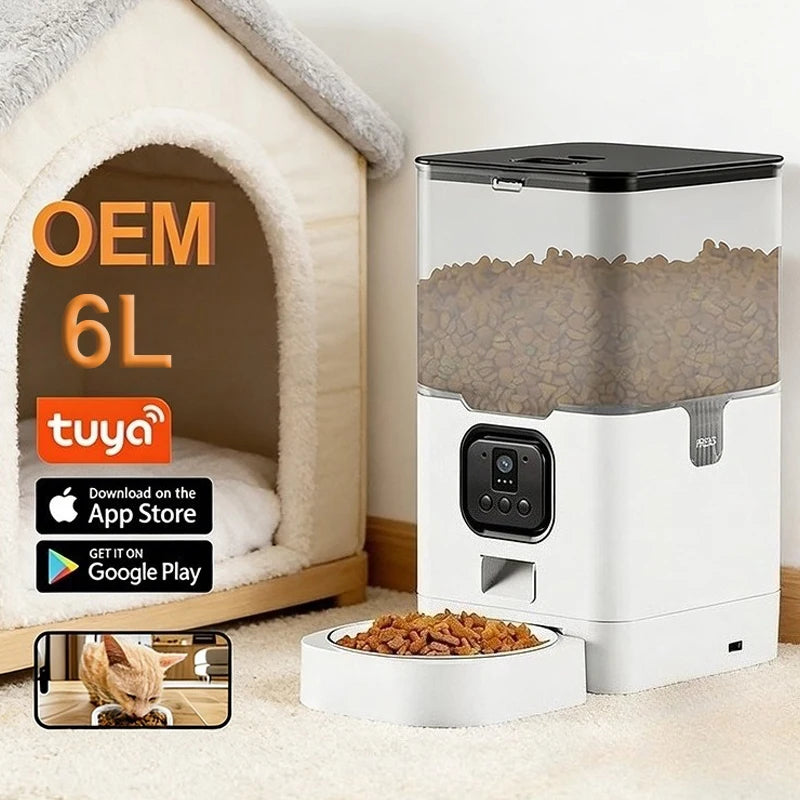 OEM 6L Automatic Dog Feeder With Camera Tuya App Control Dog Dry Food Dispenser WIFI Control Smart Pet Feeder With Camera