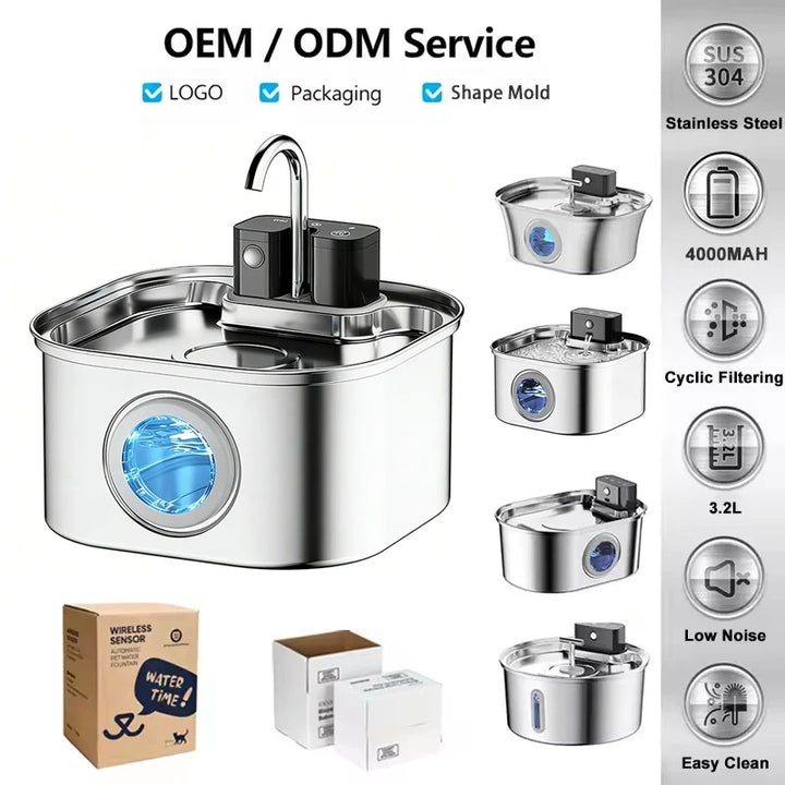 OEM 108oz/3.2L Stainless Steel Wireless Cat Water Fountain 4000mah Battery Operated Automatic Cat Water Dispenser Cat Fountain