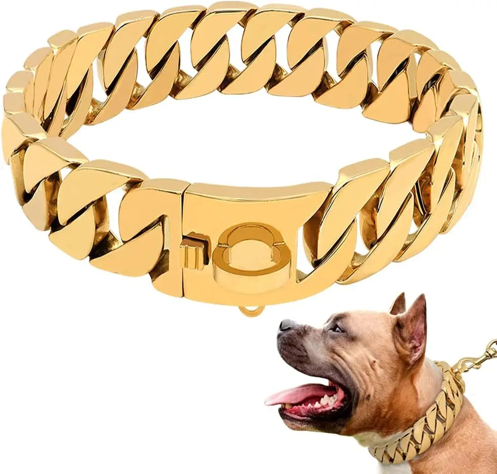 Luxury Gold Chain Dog Collars Heavy-Duty Pet Collars Choke Cuban Dog Chain for Large Dog Products